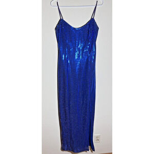 1990's LA Glow Blue Metallic Blingy Sequined Zipper Dress Gown Juniors 9/10 Prom